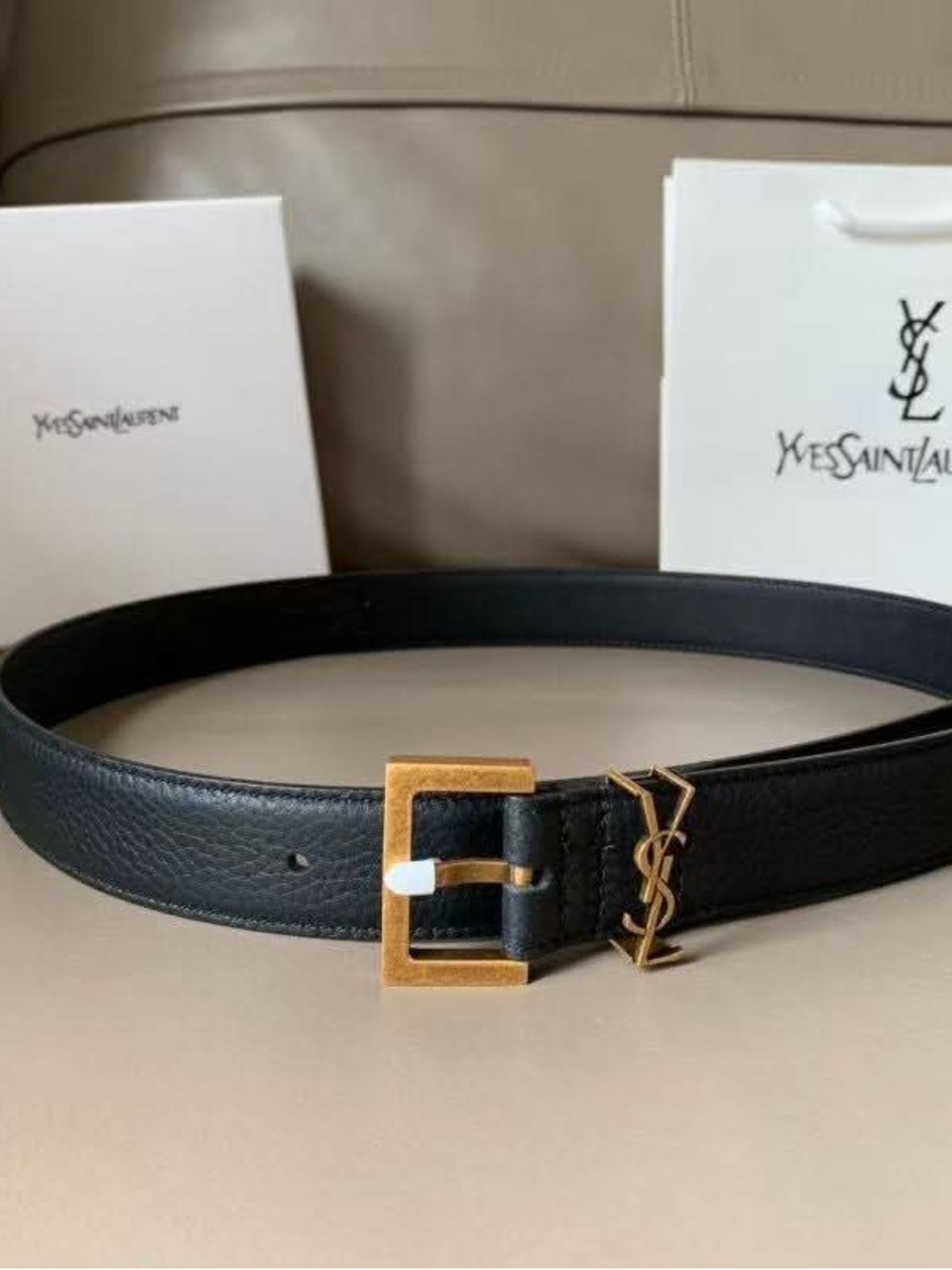 NEW-Yves Saint Laurent Black Calf Leather Belt with Gold YSL Accent